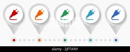 Electricity, plug concept vector icons, editable infographic template, set of colorful flat design pointers Stock Vector