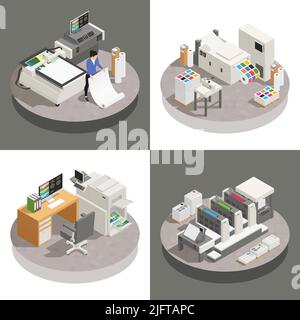 Printing house set of square compositions with isometric images of working places with electronic work stations vector illustration Stock Vector