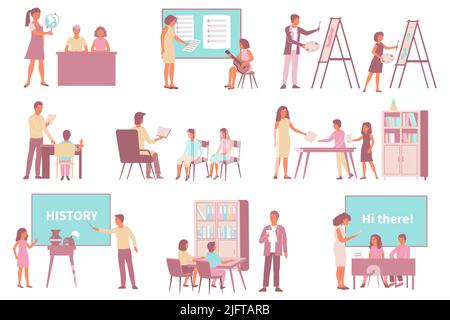School language art literature set of flat compositions with icons of blackboards drawing easels and people vector illustration Stock Vector