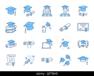 Graduation doodle illustration including icons - student in cap, diploma certificate scroll, university degree. Thin line art about high school Stock Vector