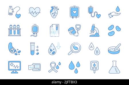 Medical blood doodle illustration including icons - transfusion, sphygmomanometer, glucometer, cardiology, microscope, laboratory tube. Thin line art Stock Vector