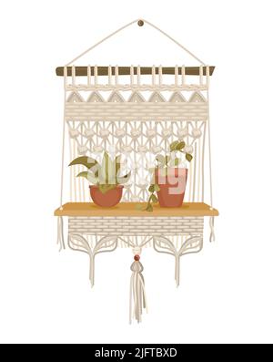 Handcrafted wall hanging with shelf for home flower in macrame decor style isolated object on white background vector illustration Stock Vector