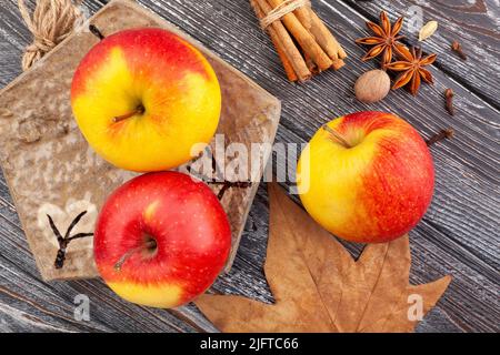 colorful apples on wood background Stock Photo