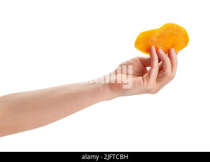 dry mango in hand path isolated on white Stock Photo