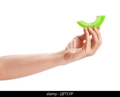 dry pomelo in hand path isolated on white Stock Photo