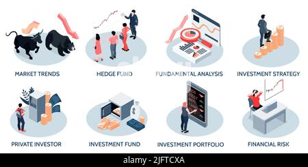 Investment strategy isometric concept 8 isometric compositions with market trend bull bear symbols risks analysis vector illustration Stock Vector