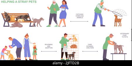 Veterinary clinic flowchart with flat images of catching homeless animals sheltering and adoption with human characters vector illustration Stock Vector