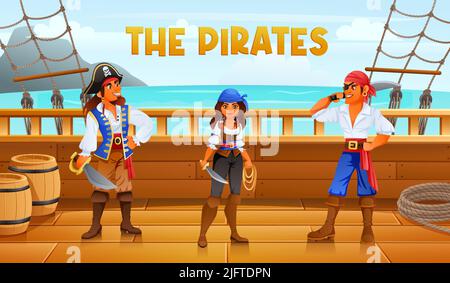 Two brave pirates and a woman pirate stand on the deck of the ship vector cartoon illustration Stock Vector
