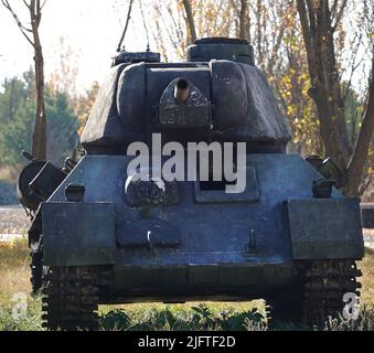Kiev, Ukraine October 26, 2021: Medium tank T-34 at the film studio for public viewing Stock Photo