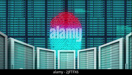 Digital image of Fingerprint scanner over multiple servers against data processing. Digital online security computer concept Stock Photo