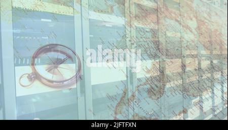 Digital composition of compass and world map against computer server room. computer interface and networking technology concept Stock Photo