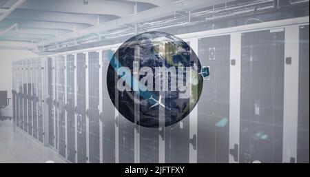 Digital image of airplane icons flying around the globe against empty server room. Global networking and connection concept Stock Photo