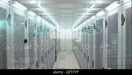 Image of handwritten mathematical equations and molecules over network of computer servers in tech room. Global digital computer network concept digit Stock Photo
