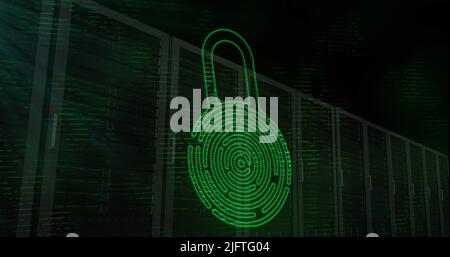Digital image of green glowing Security padlock icon over multiple servers against black background. Digital online security computer concept Stock Photo