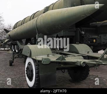 Kiev, Ukraine December 10, 2020: An Earth-to-Earth missile at the Museum of Military Equipment for all to see Stock Photo