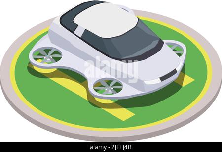 Smart city technologies isometric composition with futuristic car on helipad vector illustration Stock Vector