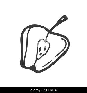 Apple slice sketch. Black line fruits illustration set. Graphic vector sketch in hand drawn style. Fresh tropical elements Stock Vector