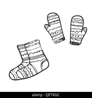 A set of winter clothes, a scarf, a hat, mittens. Vector illustration with items of clothing Stock Vector