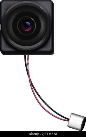 Security camera lens with wires front view on white background realistic vector illustration Stock Vector