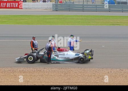 George Russell's damaged Formula1 car, at Farm Curve,British F1 Grand Prix 2022 at Silverstone Circuit,Towcester, Northamptonshire,England,UK,NN12 8TN Stock Photo