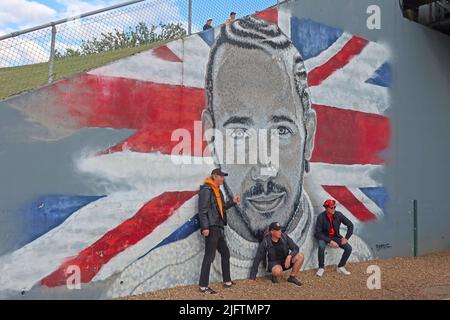 Lewis Hamilton Mural artwork, British Grand Prix Formula1 F1 Silverstone artwork, with fans posing Stock Photo