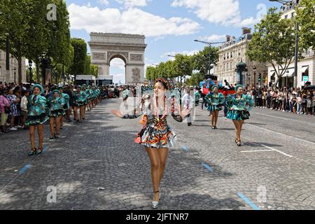 Paris, France. 3rd July, 2022. The Tropical Carnival of Paris took place on July 3, 2022, Champs-Elysées avenue in Paris, France. Stock Photo