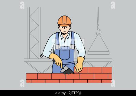 Male builder in helmet and uniform working at construction site. Man worker building house with bricks. Renovation concept. Vector illustration.  Stock Vector
