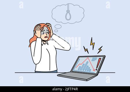 Businesswoman distressed with stock market crisis and fall. Stressed woman CEO panic with financial problems looking at computer screen. Vector illustration.  Stock Vector