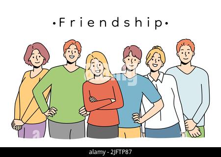 Diverse young people standing together showing friendship and support. Multiethnic youth group togetherness. Teamwork and cooperation. Vector illustration.  Stock Vector