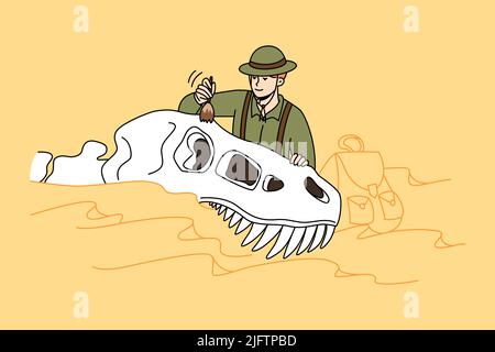 Paleontologist study dinosaur remains at archeology site. Man scientist working with old animal excavations. Paleontology and scientist. Vector illustration.  Stock Vector