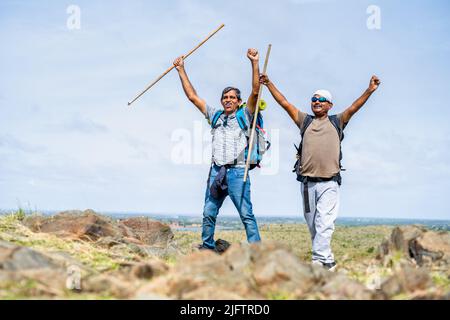 Happy friends celebration by raising hands with stick after reaching destination on hill - concept of outdoor entertainment activities, trekking and Stock Photo