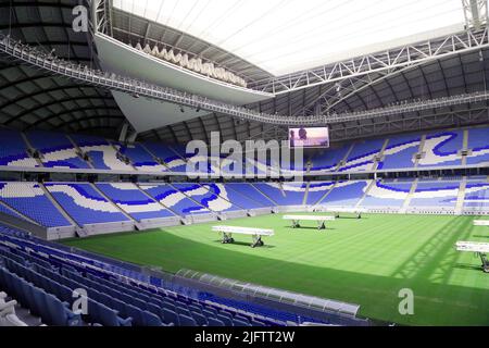 Al-Wakrah, Mexico City, Qatar. 4th July, 2022. July 4, 2022, Al Wakrah, Qatar: General view of the Al-Janoub Stadium formerly known as Al-Wakrah Stadium is a retractable roof football stadium in Al-Wakrah, Qatar that was inaugurated on 16 May 2019. This is the second among the eight stadiums for the 2022 FIFA World Cup in Qatar, after the renovation of Khalifa International Stadium. on July 4, 2022 in Al Wakrah, Qatar. (Credit Image: © Sidhik Keerantakath/eyepix via ZUMA Press Wire) Stock Photo