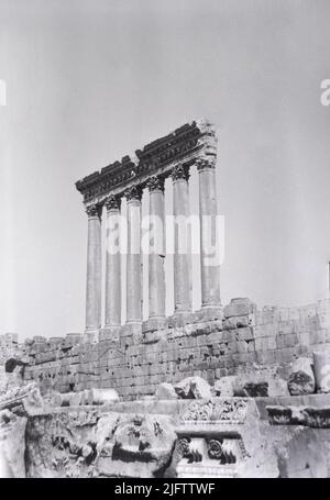 Ruins columns of the Temple of Jupiter Baalbek complex in Heliopolis Syriaca modern Lebanon vintage photo taken in the late 1940s B&W Stock Photo