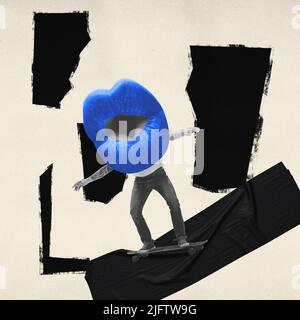 Contemporary art collage. Man in 50s, 60s fashion style clothes headed of female mouth rides skateboard isolated on abstract background. Surrealism Stock Photo