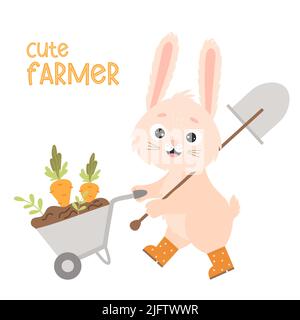 Happy rabbit in rubber boots with garden tool with shovel is carrying wheelbarrow with earth and carrots. Vector illustration. Autumn poster Cute farm Stock Vector