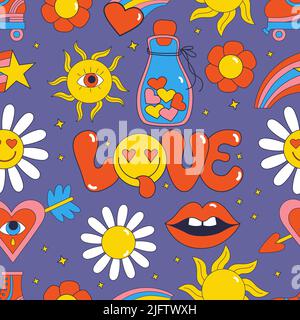 Retro Seamless pattern with 70s, 80s, 90s vibes groovy elements. Stickers nostalgia Love, cartoon funky daisy flowers, sun, roller skates, broken hear Stock Vector