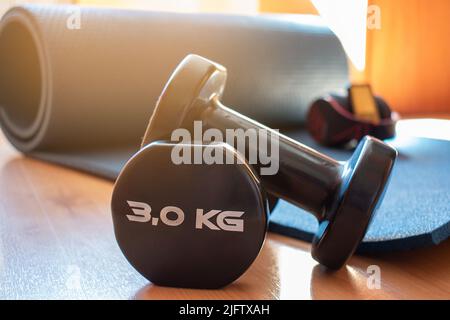 Pair of dumbbells for home training with yoga mat. Concept: fitness at home. Stock Photo
