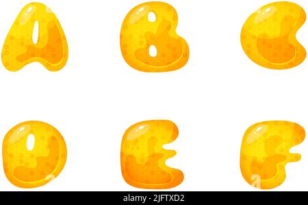 Honey sweet font. Liquid honey cartoon alphabet, Yellow honeycomb vector font. Stock Vector