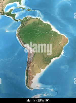 Physical map of South and Central America, with high resolution details. Satellite view of Planet Earth. Elements furnished by NASA Stock Photo