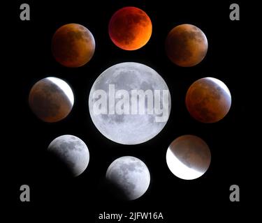A composite of the Flower Moon total eclipse showing various stages of the eclipse. Stock Photo
