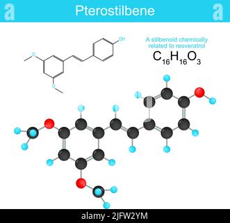 Pterostilbene. Structural chemical formula of Pterostilbene. Skeletal formula. Its chemical relative resveratrol. stilbenoid that improves lifespan Stock Vector