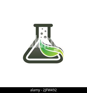 Green labs logo icon design with glass labs and leaf. Bio organic science labs logo design. Vector illustration EPS.8 EPS.10 Stock Vector