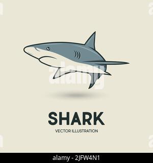 Vector Cartoon Shark Isolated. Hand Drawn Colored White Shark with Contour. Ocean Predator. Marine, Ocean, Sea Animals. Shark Character Design for Stock Vector