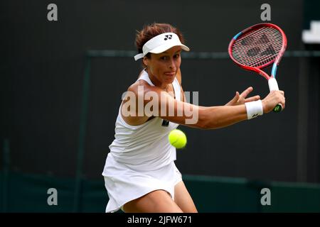 All, UK. 5th July, 2022. Lawn Tennis Club, Wimbledon, London, United Kingdom: Germany's Tatjana Maria in action against countrywoman Jule Niemeier during their quarterfinal match at Wimbledon today. Maria won the match to advance to the semi finals. Credit: Adam Stoltman/Alamy Live News Stock Photo