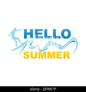 Hello summer banner surfer and wave surfing vector image. Hello Summer background with surfing men on abstract graphic shape blue wave and yellow sun Stock Vector