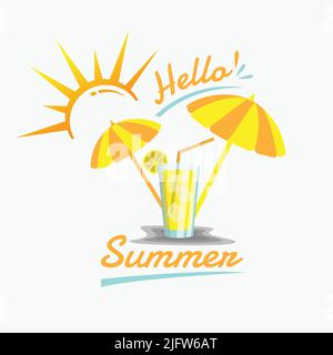 Hello summer Orange cocktail in glass. Vector illustration isolated on white background. Modern banner with refreshing drink. Hello summer beach vecto Stock Vector