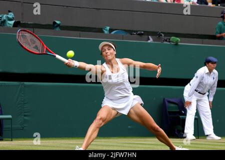 All, UK. 5th July, 2022. Lawn Tennis Club, Wimbledon, London, United Kingdom: Germany's Tatjana Maria in action against countrywoman Jule Niemeier during their quarterfinal match at Wimbledon today. Maria won the match to advance to the semi finals. Credit: Adam Stoltman/Alamy Live News Stock Photo