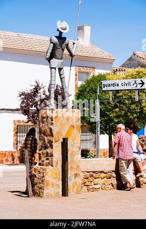Tourists next to the statue of Don Quixote. Puerto Lápice, Ciudad Real, Castilla La Mancha, Spain, Europe Stock Photo