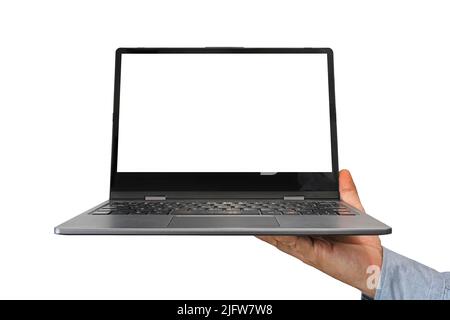 a man shows a small laptop with an empty window isolated on a white background. Stock Photo