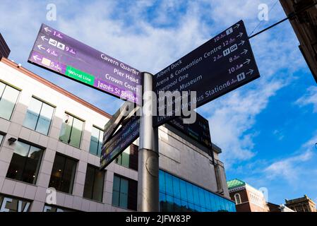 Multi-Directional Tourist Signpost. Liverpool, Merseyside, Lancashire, England, United Kingdom Stock Photo